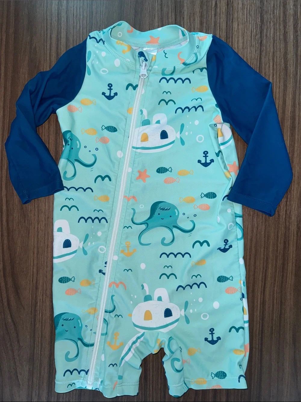 Baby Ocean Print Zippered Swim Romper - Teal & Navy 12-18 month